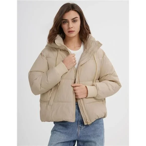 Women's Crop Hooded Puffer Jacket Zip Up Winter Quilted Warm Short